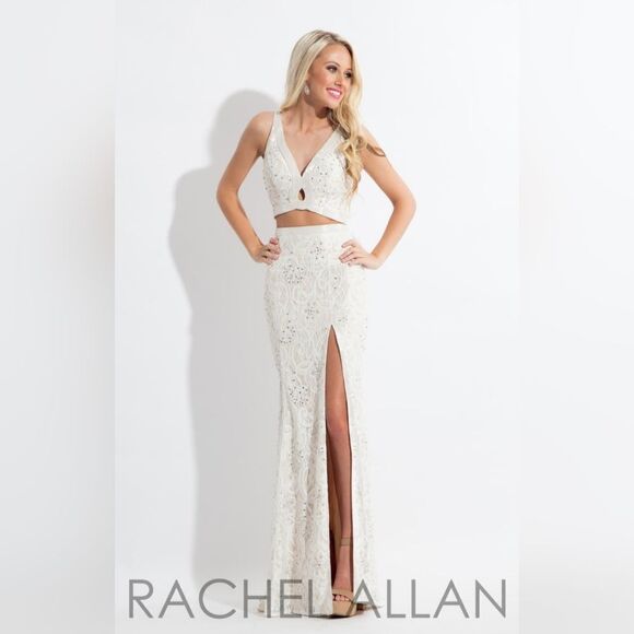 Rachel Allan 6175 High Slit 2 Piece beaded Lace Gown NWT size 8 White